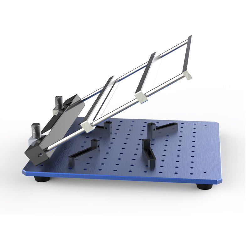 Mechanical device with a blue base and metal components on a white background