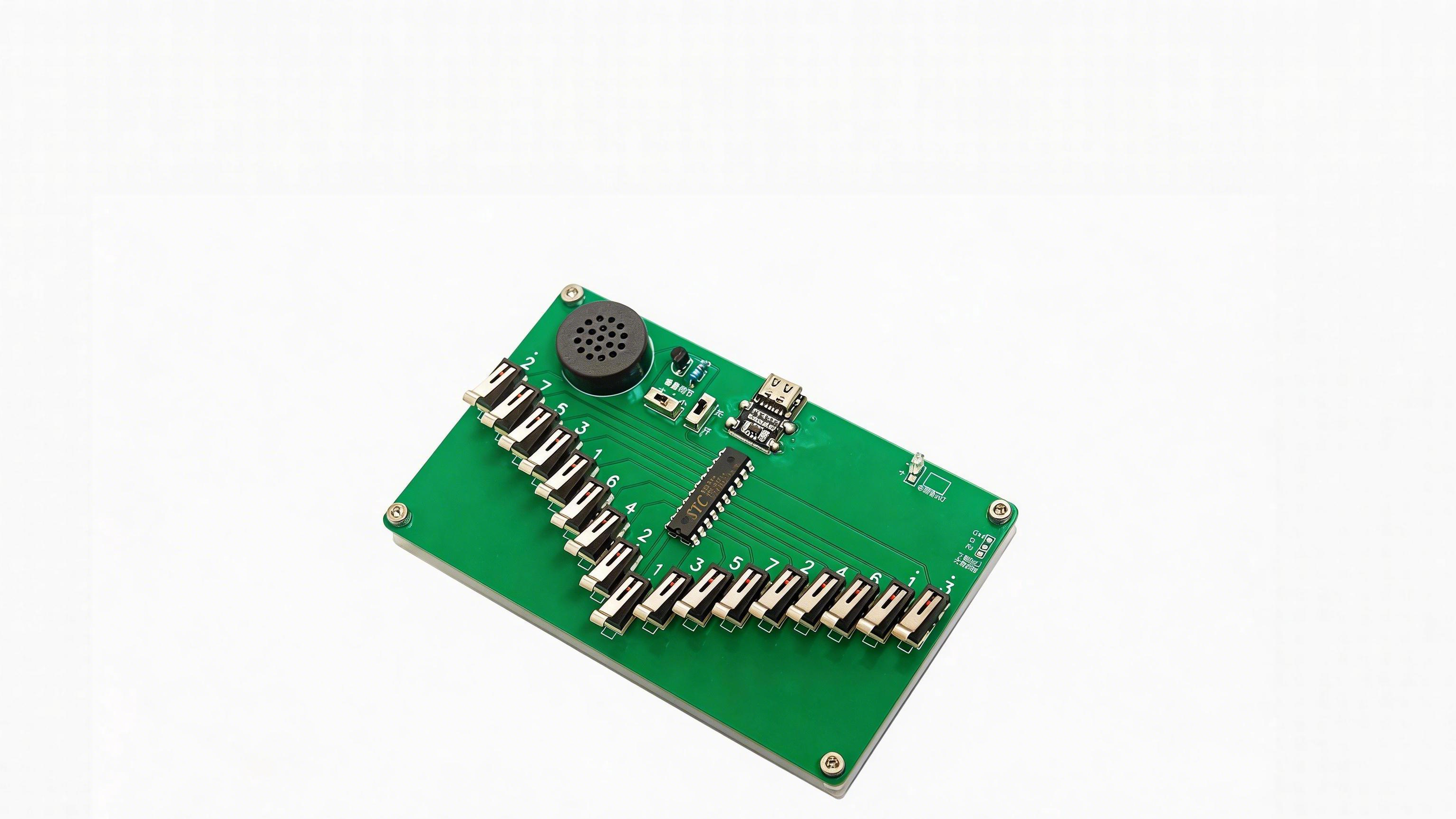 Green electronic circuit board with components on a white background